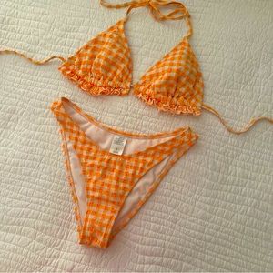 Neon orange and white plaid bikini